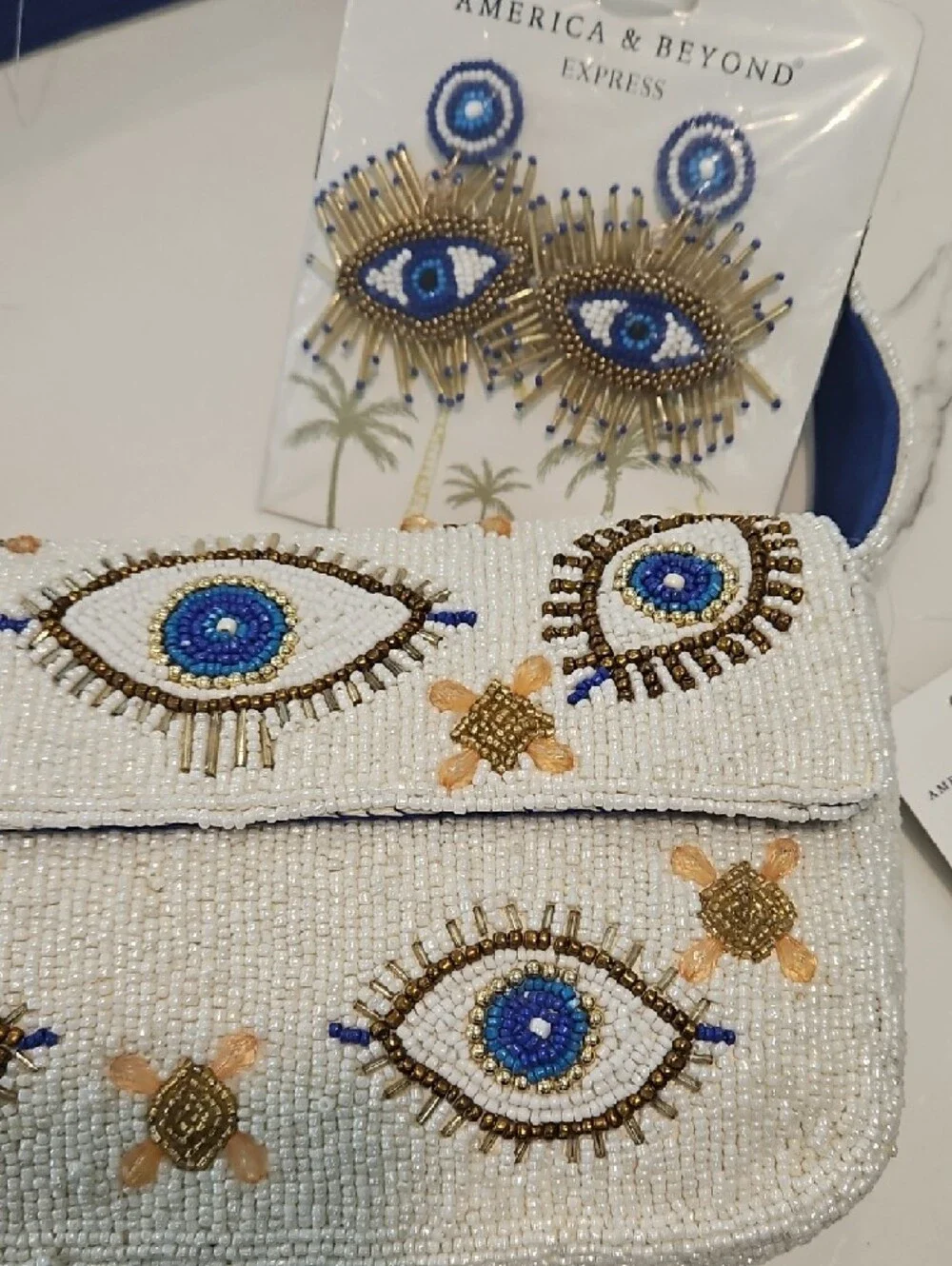 Beaded White Eye Motif Shoulder Bag with Blue Strap - Picture 2 of 3
